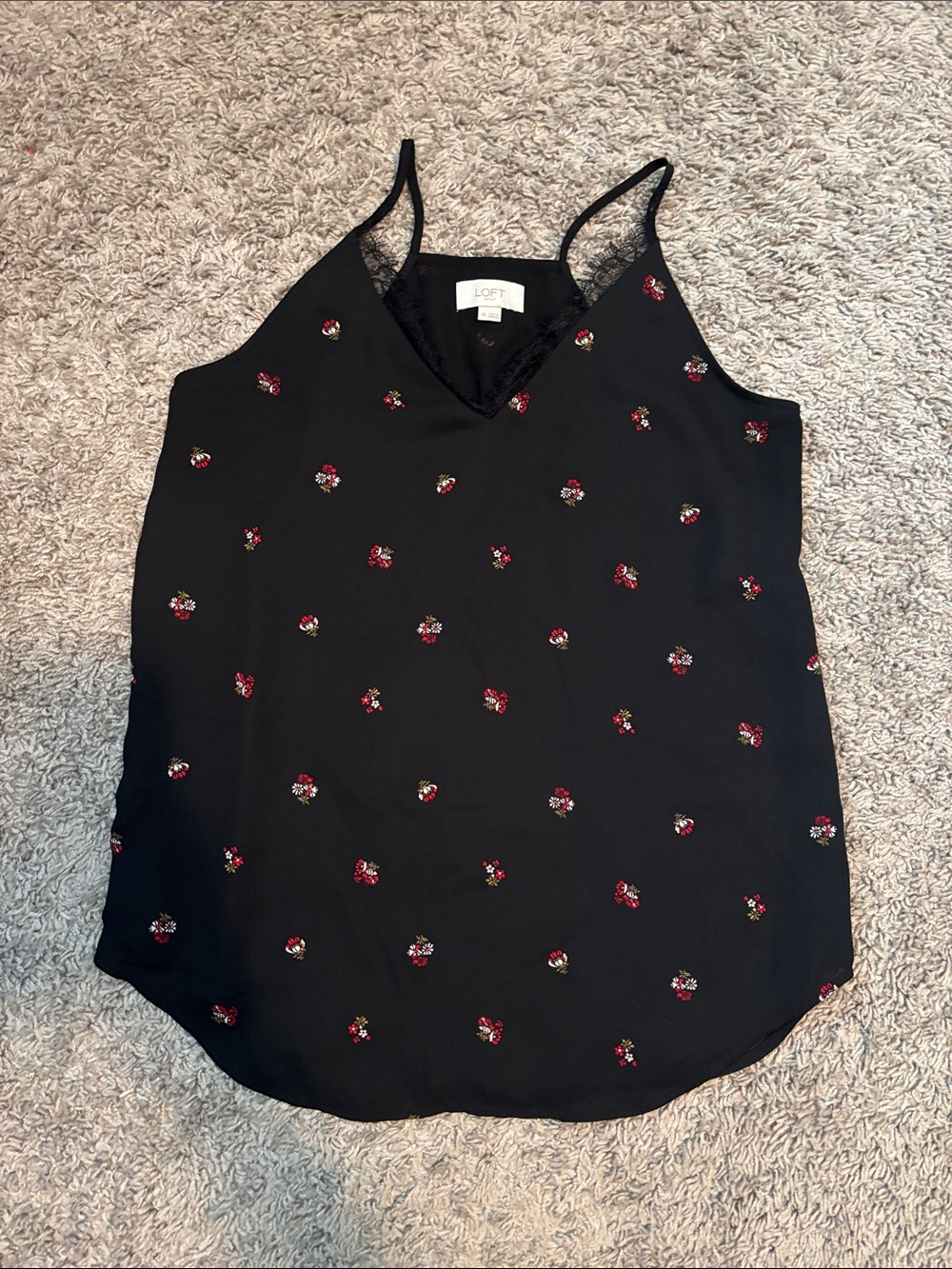 LOFT Black Floral-Embroidered Lace-Trim Spaghetti-Strap Camisole